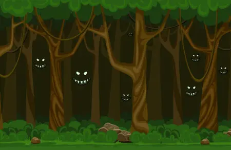 A forest with trees and bushes and some lights