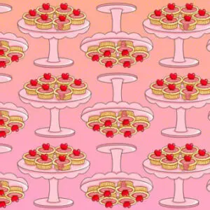 A pink background with many cakes on it