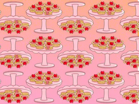 A pink background with many cakes on it