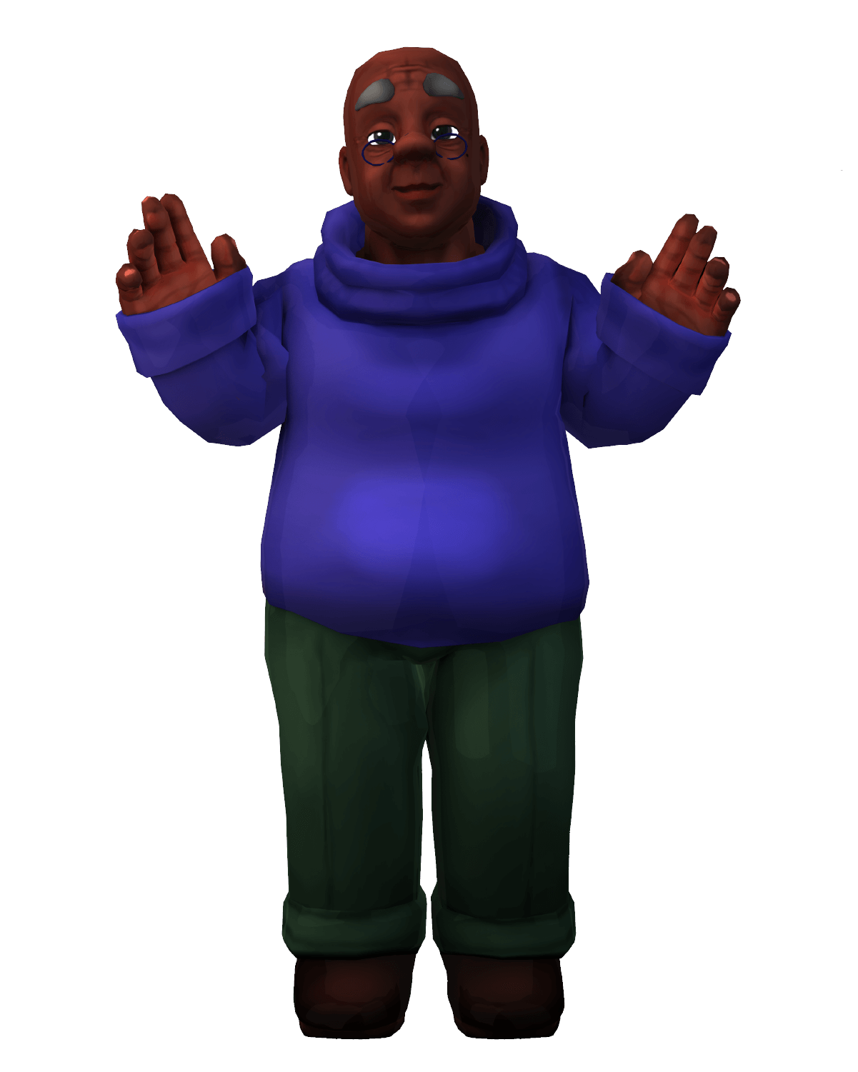 Animated character in blue sweater posing.