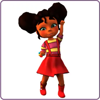 Animated girl with pigtails, wearing red outfit.
