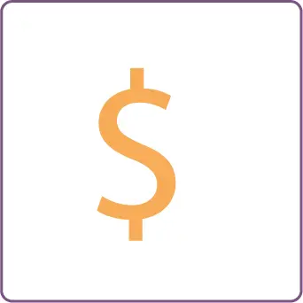 Dollar sign icon with purple border.