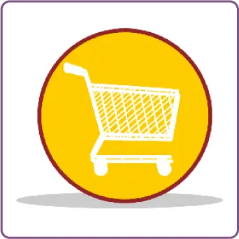 Shopping cart icon on yellow circle.