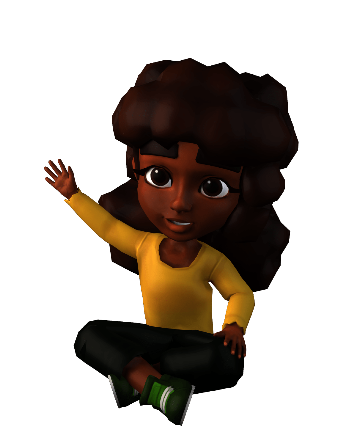 Animated character waving, sitting cross-legged.