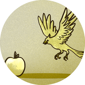 A bird flying over an apple on the ground.