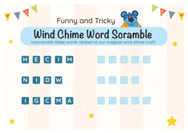 A game board with words and letters for the word scramble.
