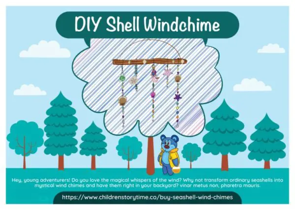 A poster of a tree with a wind chime hanging from it.