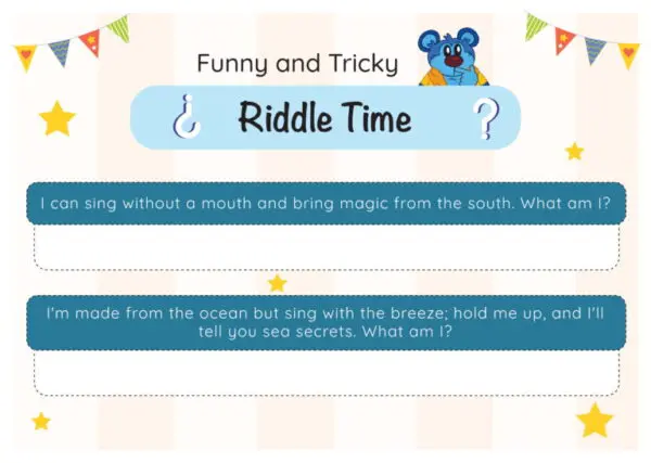 A riddle time game with a blue bear and some other animals.