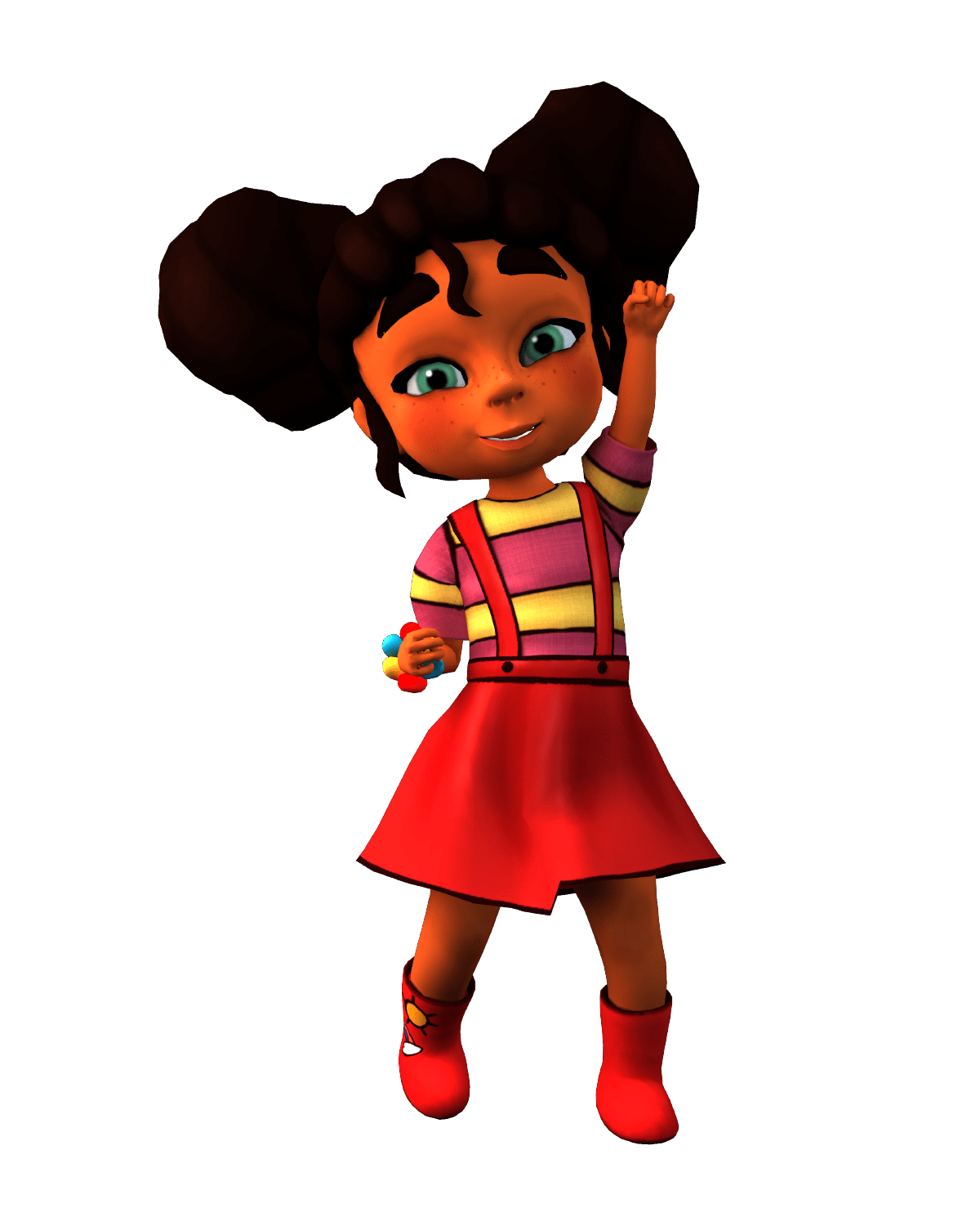 Animated girl in colorful outfit smiling.