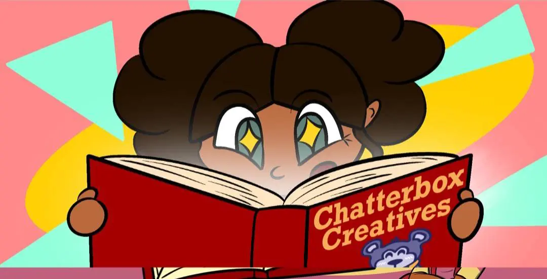 banner2 Cartoon character reading "Chatterbox Creatives" book.
