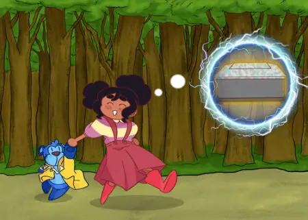 A cartoon of a girl running in the woods.