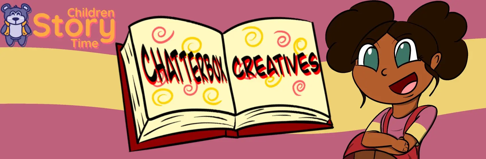 chatterboxcreatives Cartoon girl with open storybook illustration.