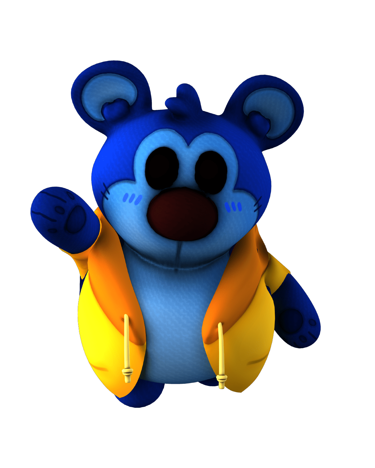 Blue cartoon bear in yellow jacket waving.