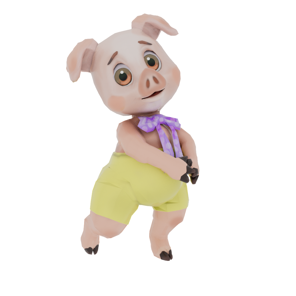 Cartoon pig wearing yellow shorts and scarf.