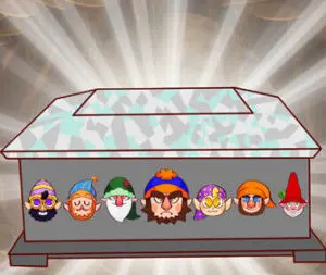 A group of cartoon characters lined up in front of a box.
