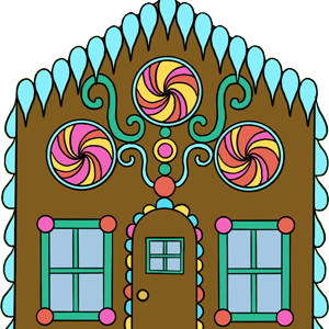 A gingerbread house with candy decorations on the front.