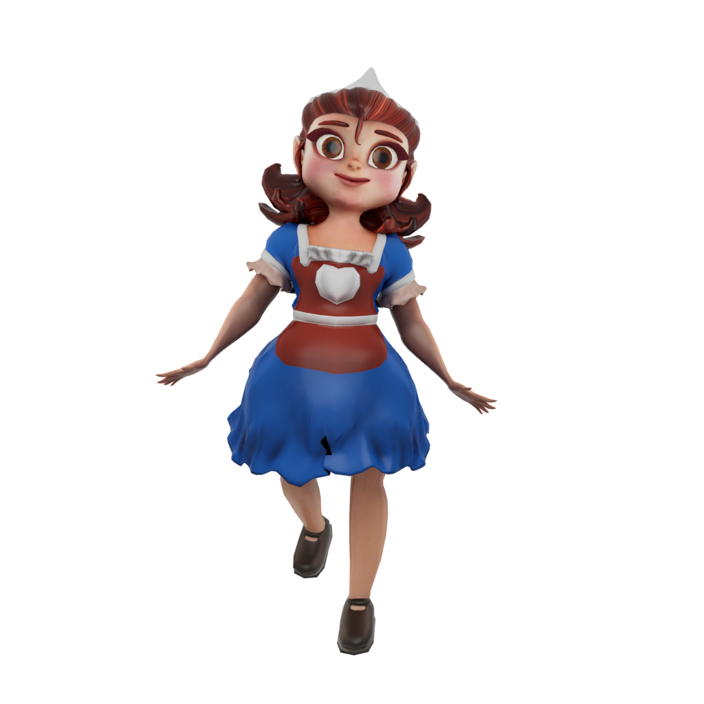 Cartoon girl in blue dress smiling.
