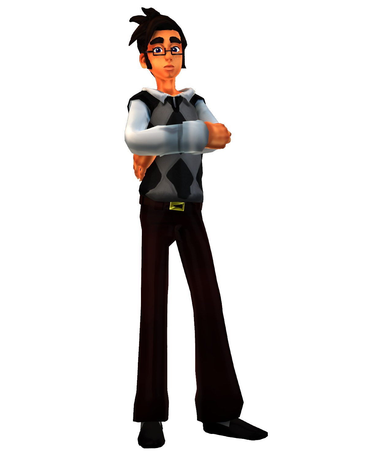 Animated character with crossed arms, glasses, and sweater.