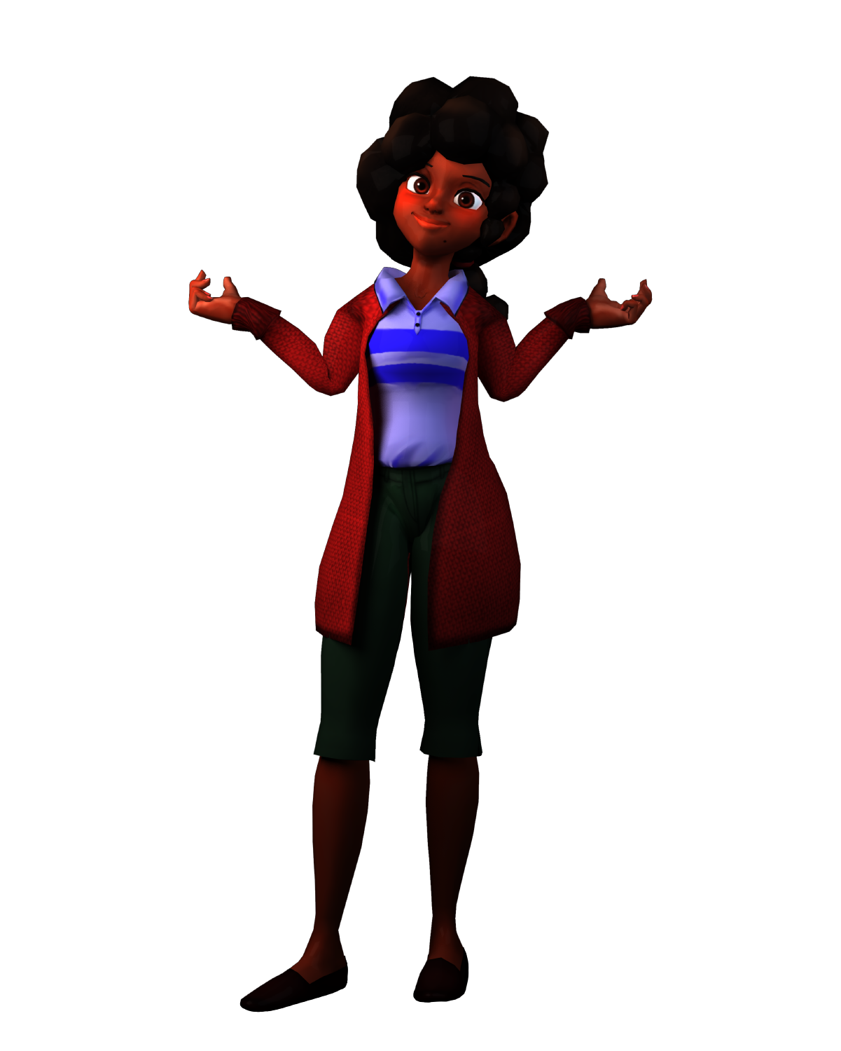 Animated character with curly hair and casual outfit.