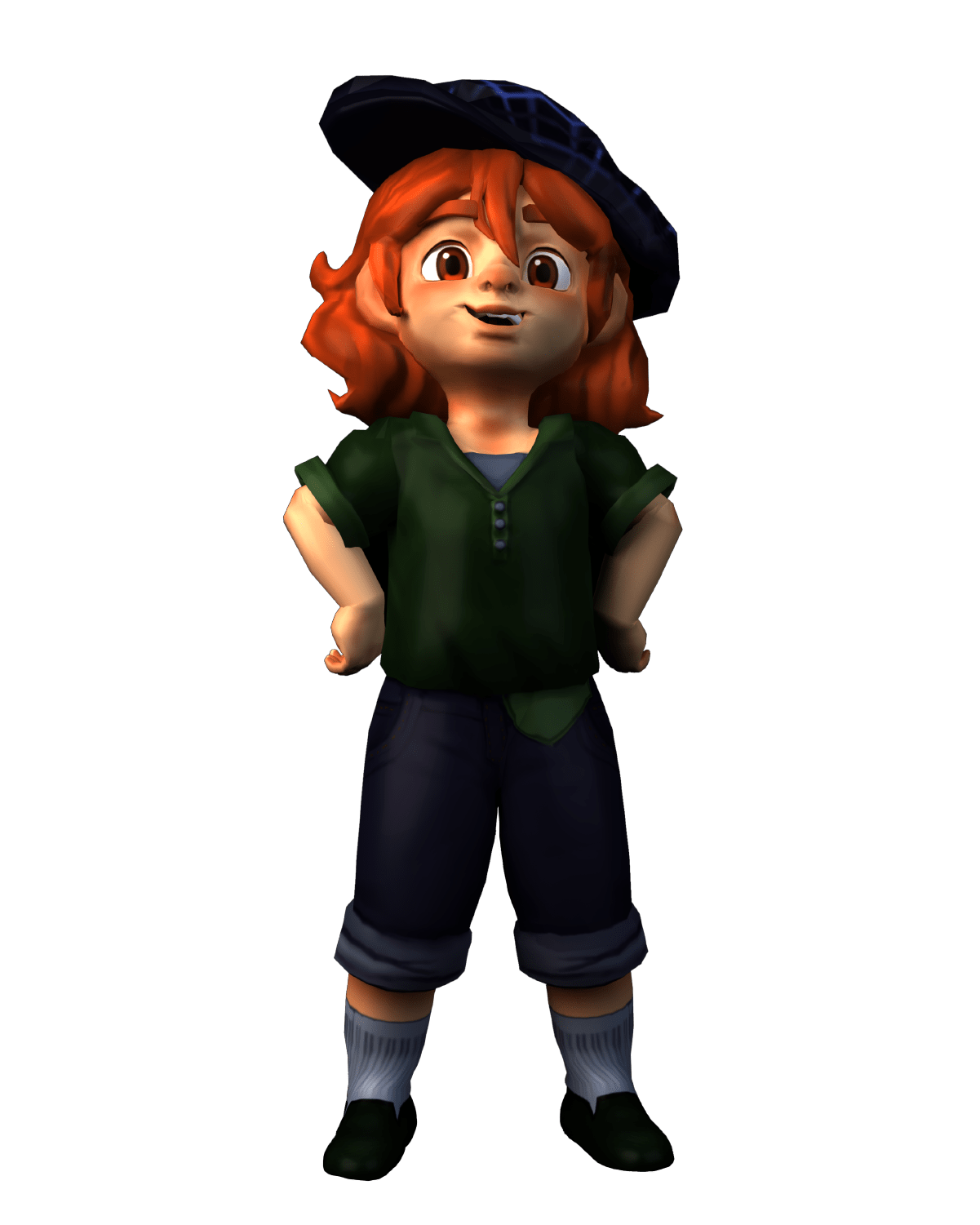 Animated character with red hair and hat.