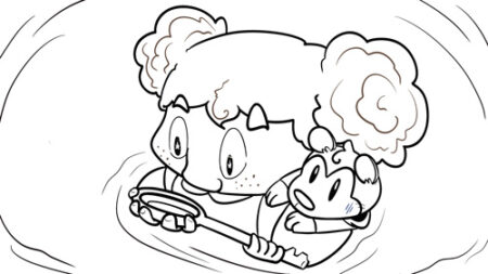 Character holding a key with a surprised animal.