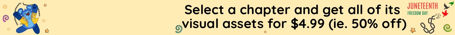 Visual assets discount offer with colorful graphics.