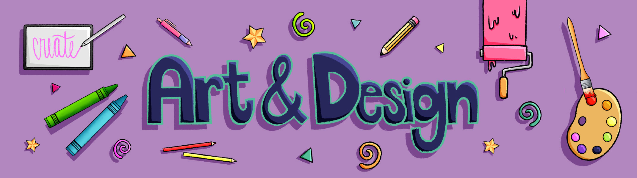 Art and design tools on purple background.