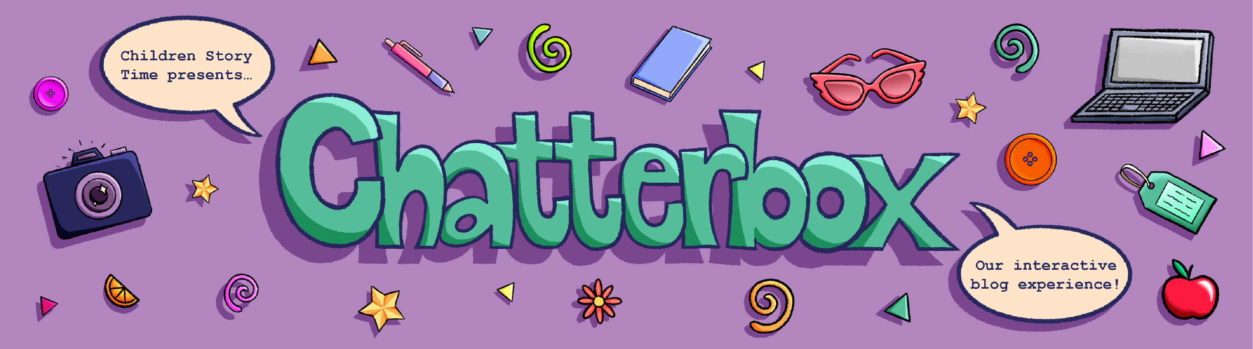 Chatterbox banner with colorful doodles and icons.