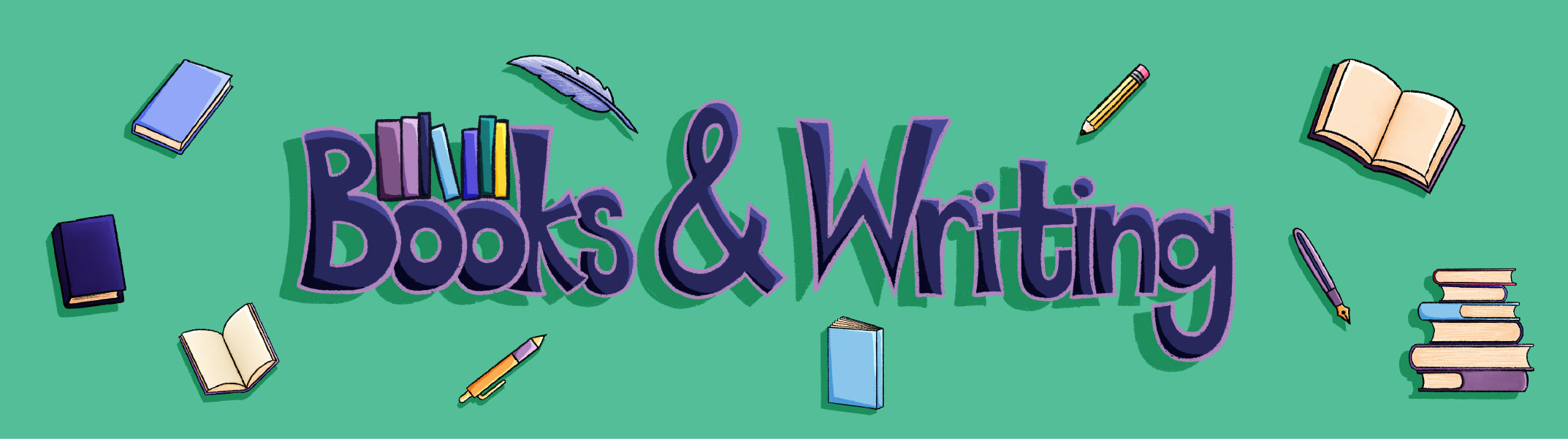 Books and writing theme with stationery items.
