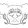 Cartoon face with curly hair and freckles.