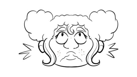 Cartoon face with curly hair and freckles.