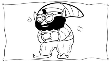 Cheerful cartoon character with glasses and beard.