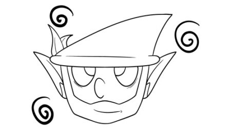 Cartoonish character with pointy ears and hat.