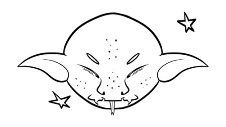 Cartoonish creature with large ears and fangs.
