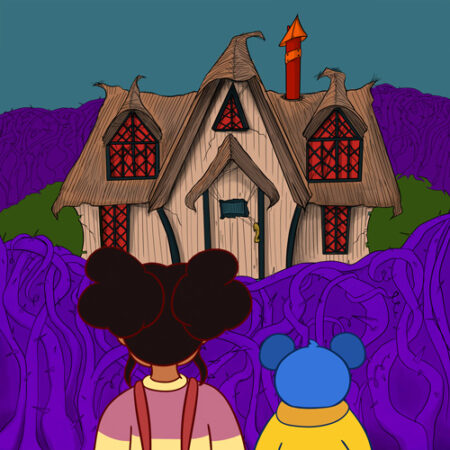 Children standing before a whimsical haunted house.