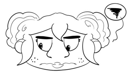 Frustrated cartoon character with a tornado thought.