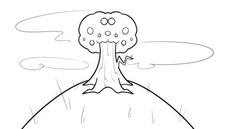 Cartoon tree on a grassy hill.