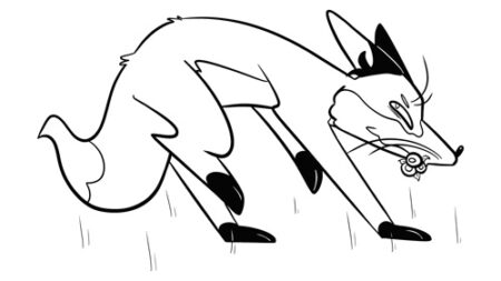 Cartoon fox crouching with a flower.