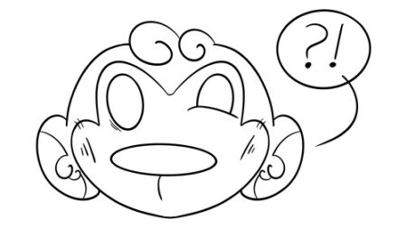 Cartoon monkey face with a questioning expression.