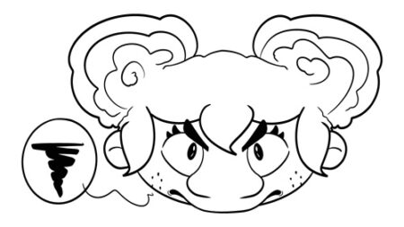 Angry cartoon character with curly hair.