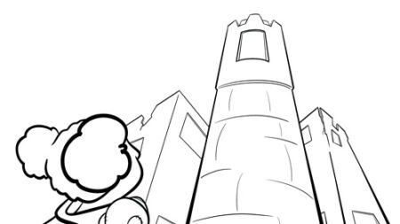 Girl looking up at tall tower.