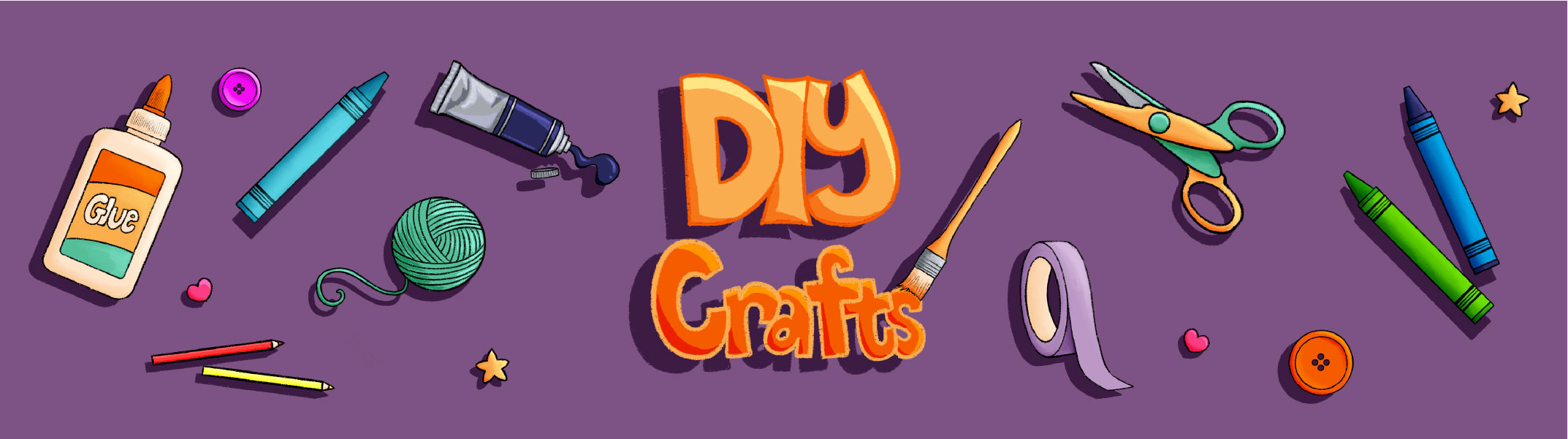 DIY crafts materials on purple background.