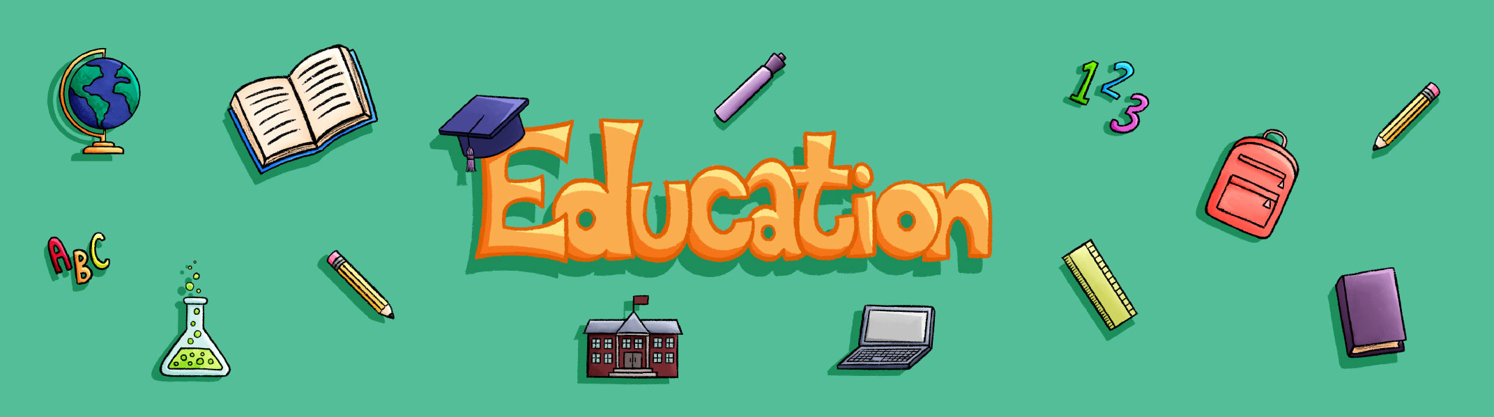 Education-themed icons on green background.