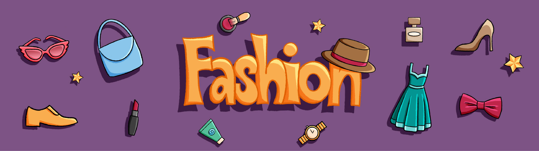 Fashion items illustration on purple background.