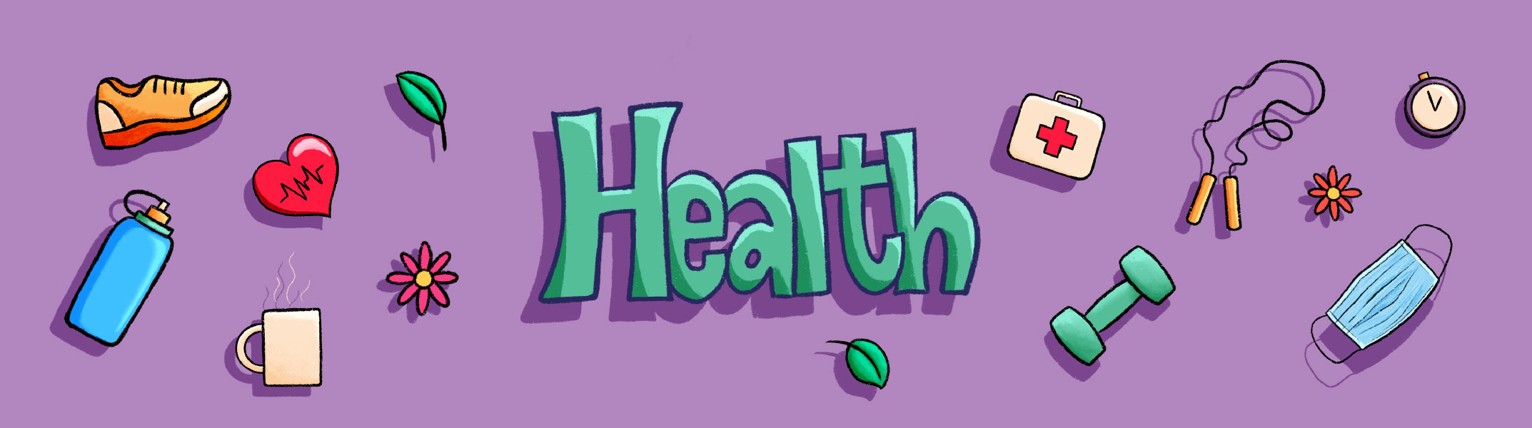 Health-related items on purple background illustration.