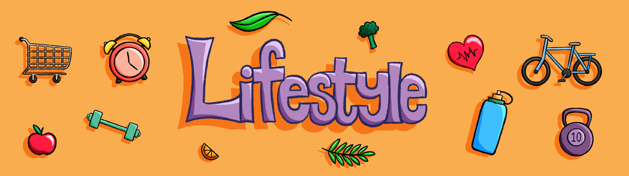 Colorful lifestyle icons on orange background.