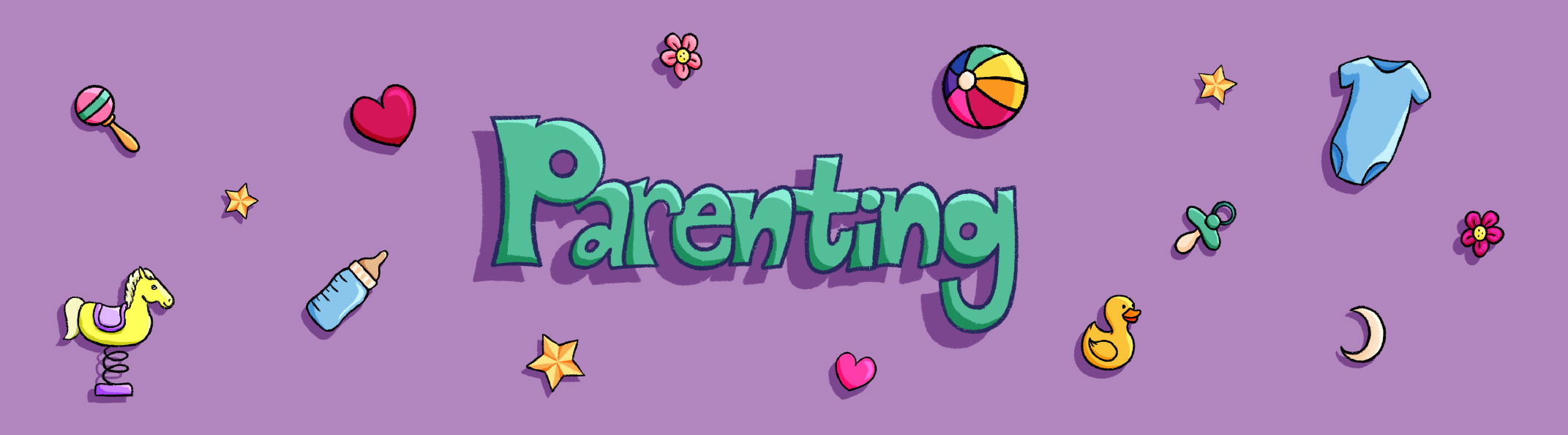 Colorful parenting-themed illustrations on purple background.