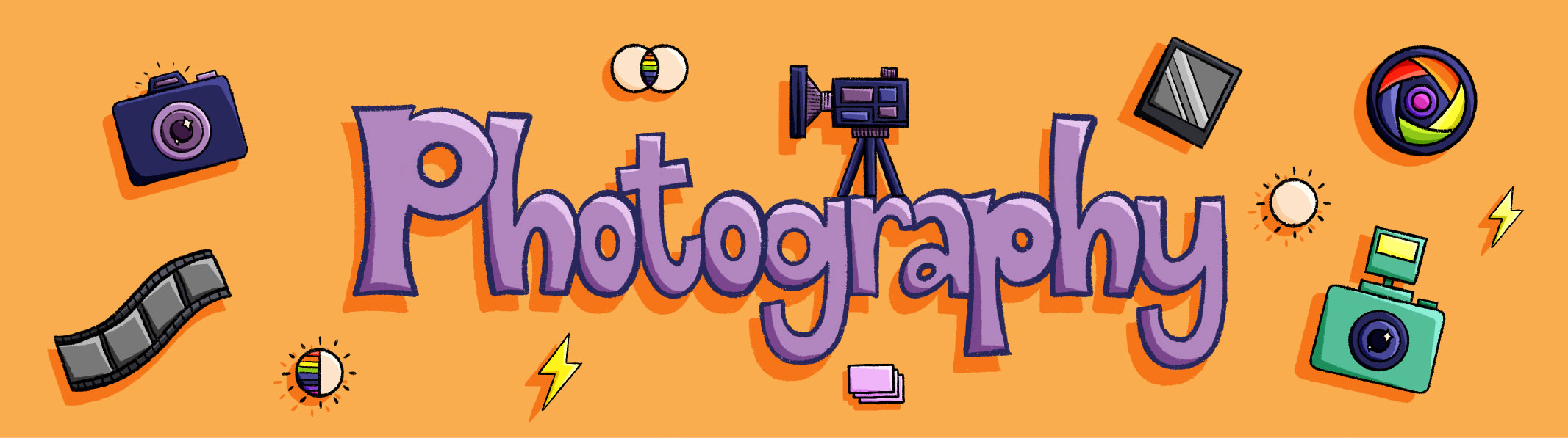Photography-themed illustration with cameras and icons.