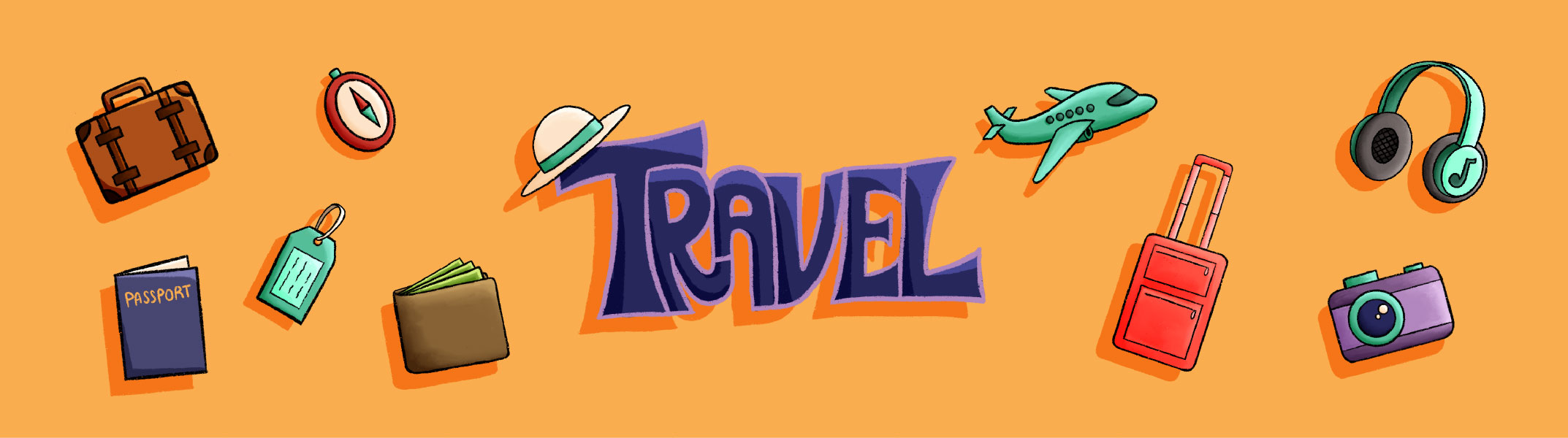 Travel-themed icons on an orange background.
