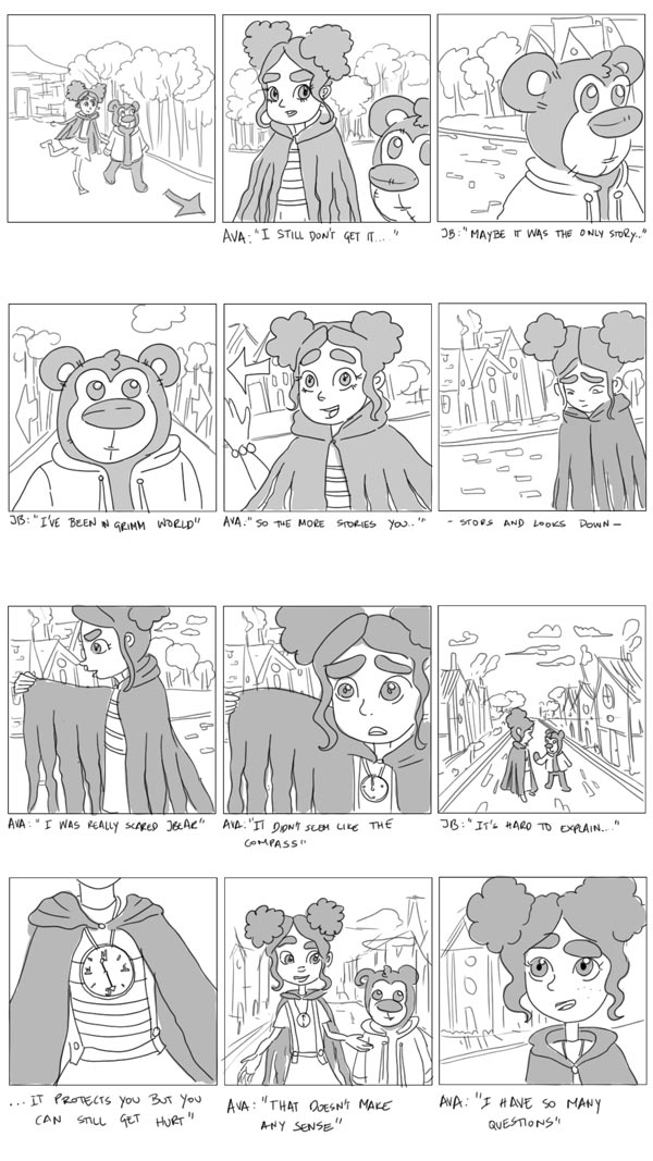 Comic strip with a bear and girl.